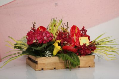 Diwali Flowers Wooden Tray of Hydrangea, Anthurium, Mokara & Cala Lily